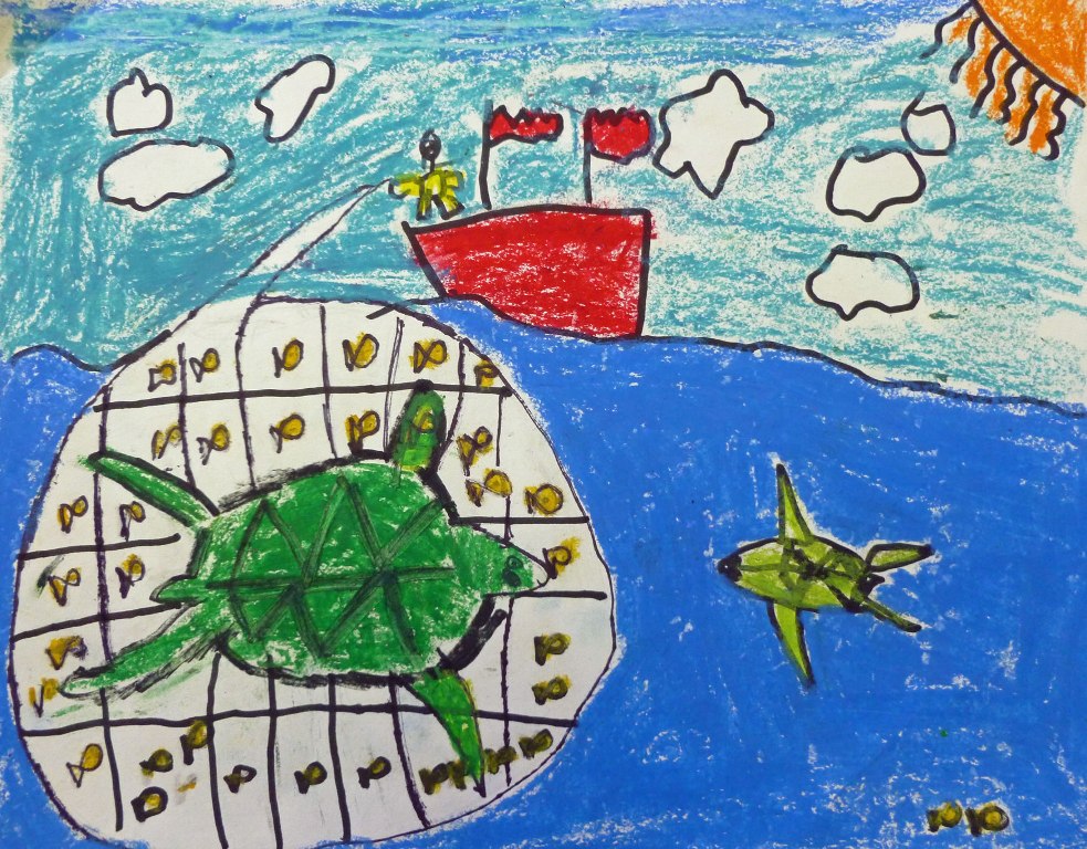 1st Grade 1st Place. 'Green Sea Turtle' by Alexander He from Chadbourne Elementary School. Image courtesy US Fish and Wildlife Service.